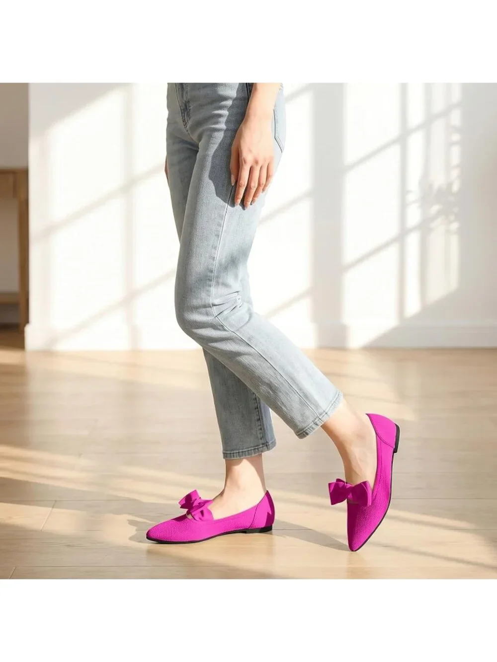 Women's Dark Pink Mary Jane Shoes Pointed Toe Ballet Flats Dressy Comfortable
